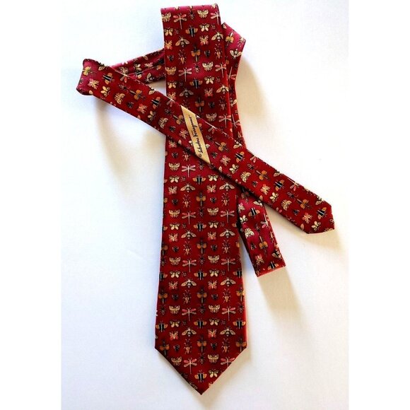 Salvatore Ferragamo Tie Red 100% Silk Bees Insects Logo 58*3.5" Made In Italy - Picture 2 of 7